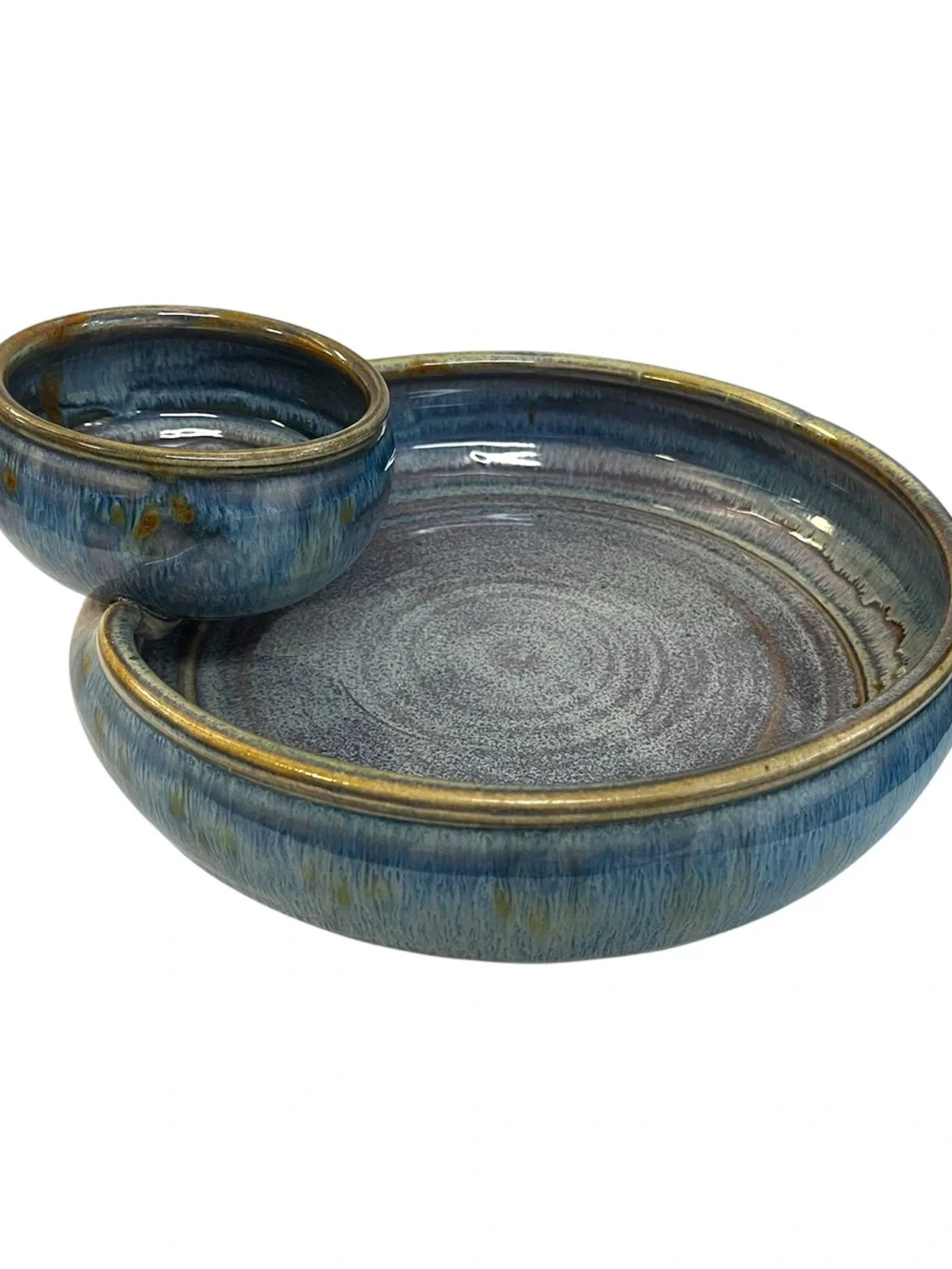 Sunset Canyon Pottery Handcrafted Chip and Dip Bowl Blue Glaze Signed 10